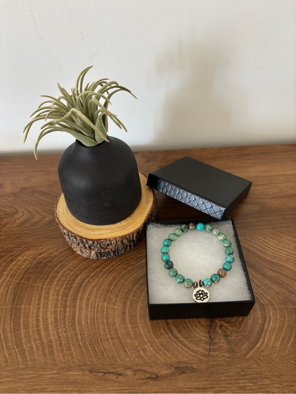 Turquoise Bead Lotus Charm Stretch Bracelet - Women Jewelry